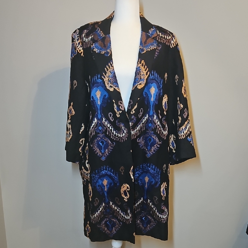 Kobi Halperin PAIGE Black Multi Topper Jacket - Blue & Gold Ikat Print - NWT